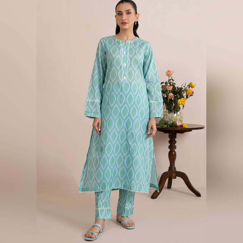 Zellbury Elegant Green and Blue Patterned Kurta Set